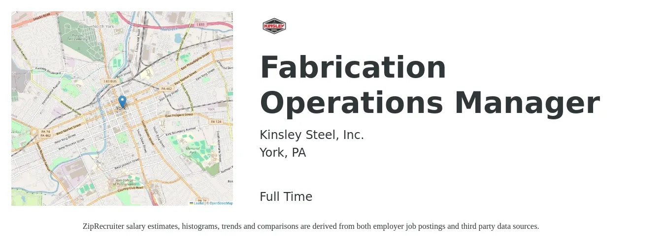 Kinsley Steel, Inc. job posting for a Fabrication Operations Manager in York, PA with a salary of $61,500 to $88,600 Yearly with a map of York location.