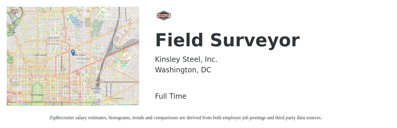 Kinsley Steel, Inc. job posting for a Field Surveyor in Washington, DC with a salary of $59,400 to $103,600 Yearly with a map of Washington location.