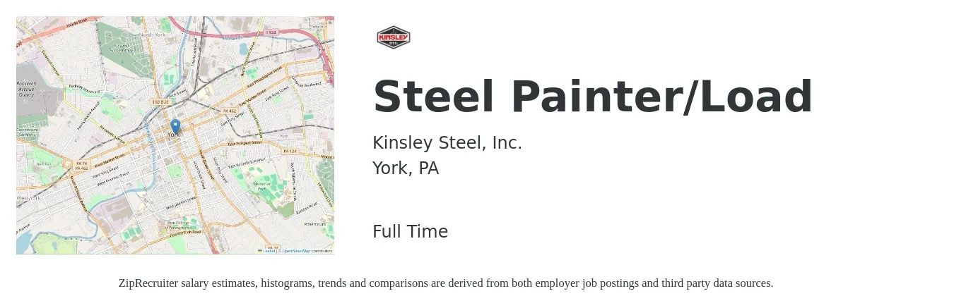 Kinsley Steel, Inc. job posting for a Steel Painter/Load in York, PA with a salary of $20 Hourly with a map of York location.