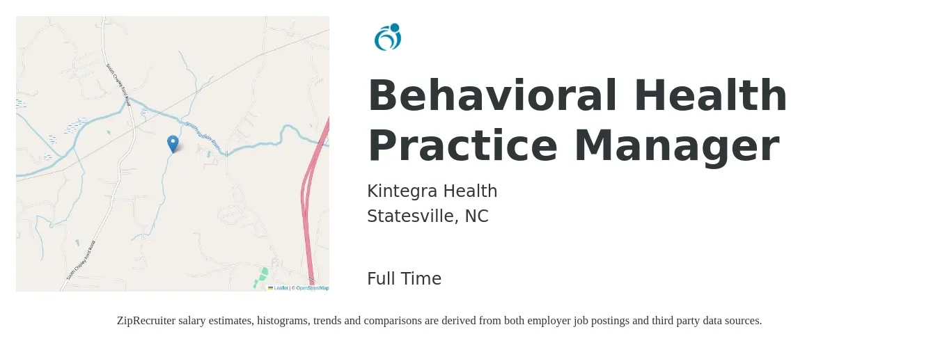 Kintegra Health job posting for a Behavioral Health Practice Manager in Statesville, NC with a salary of $53,700 to $74,500 Yearly with a map of Statesville location.