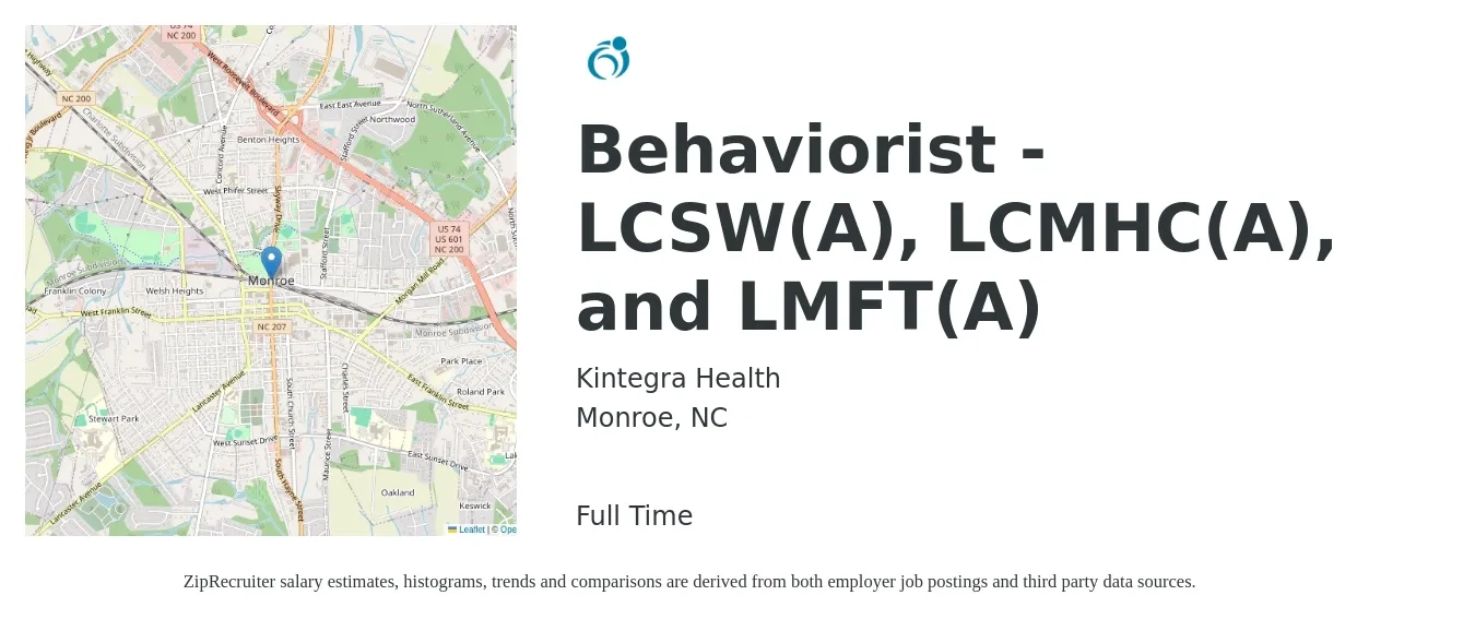 Kintegra Health job posting for a Behaviorist - LCSW(A), LCMHC(A), and LMFT(A) in Monroe, NC with a salary of $37,900 to $52,100 Yearly with a map of Monroe location.