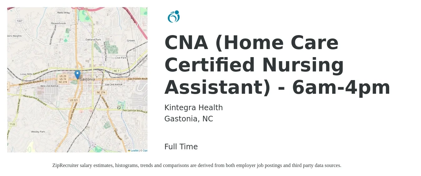 Kintegra Health job posting for a CNA (Home Care Certified Nursing Assistant) - 6am-4pm in Gastonia, NC with a salary of $16 to $22 Hourly with a map of Gastonia location.