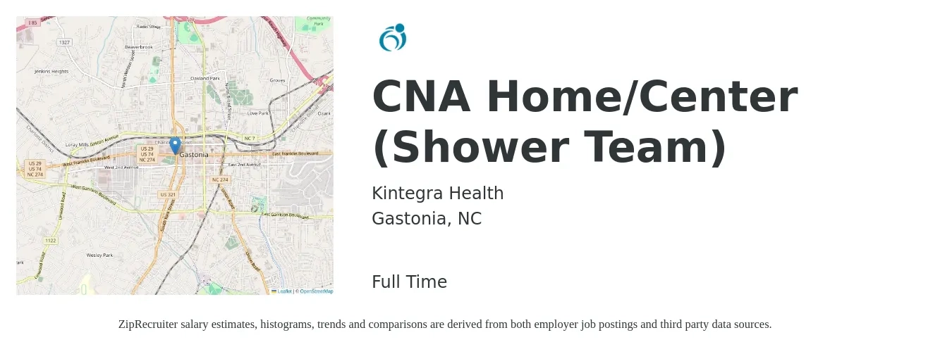 Kintegra Health job posting for a CNA Home/Center (Shower Team) in Gastonia, NC with a salary of $16 to $22 Hourly with a map of Gastonia location.