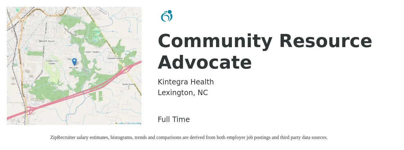 Kintegra Health job posting for a Community Resource Advocate in Lexington, NC with a salary of $16 to $20 Hourly with a map of Lexington location.