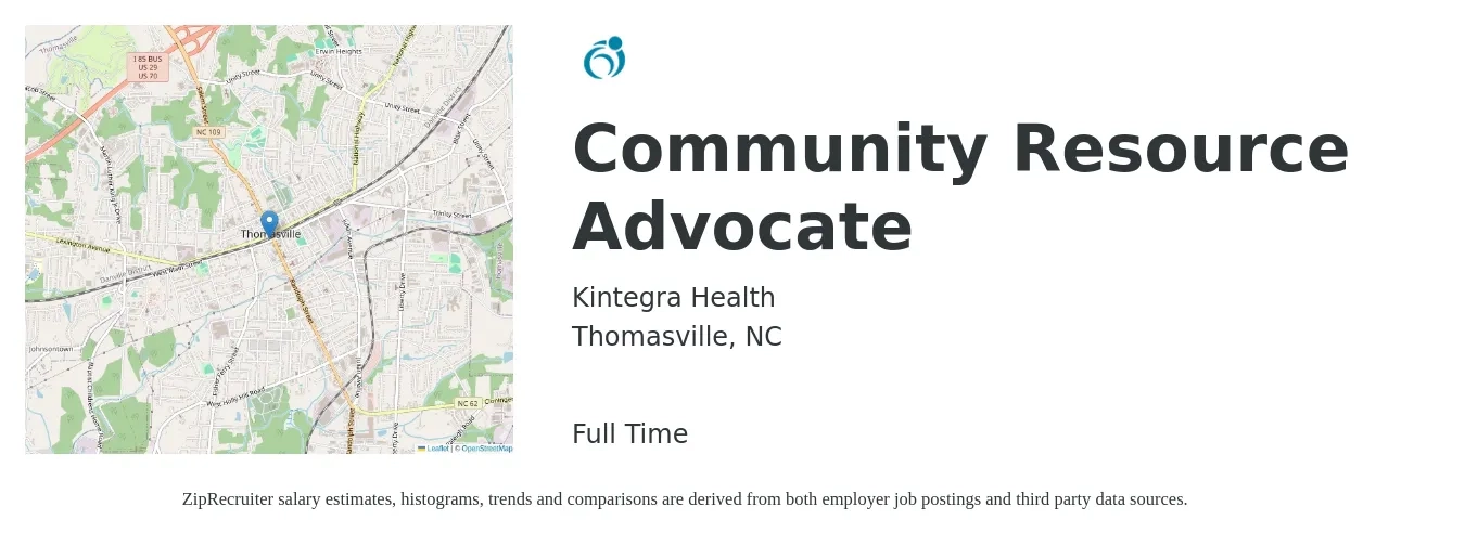 Kintegra Health job posting for a Community Resource Advocate in Thomasville, NC with a salary of $17 to $22 Hourly with a map of Thomasville location.
