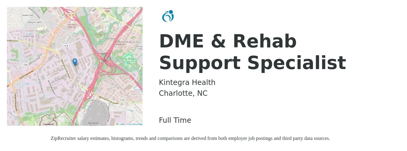 Kintegra Health job posting for a DME & Rehab Support Specialist in Charlotte, NC with a salary of $17 to $26 Hourly with a map of Charlotte location.