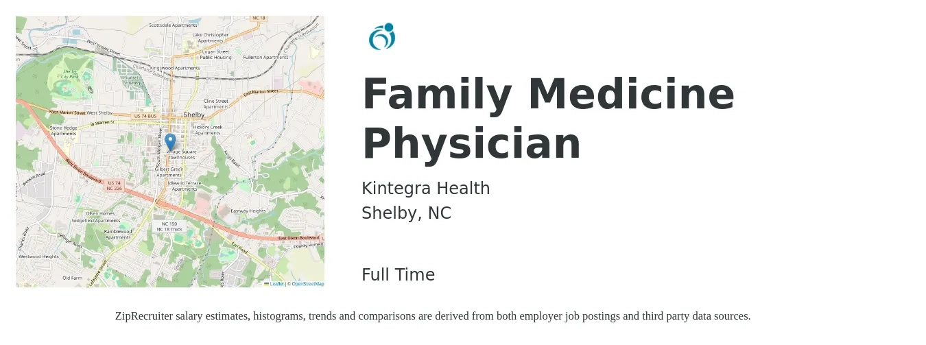 Kintegra Health job posting for a Family Medicine Physician in Shelby, NC with a salary of $122,300 to $237,000 Yearly with a map of Shelby location.
