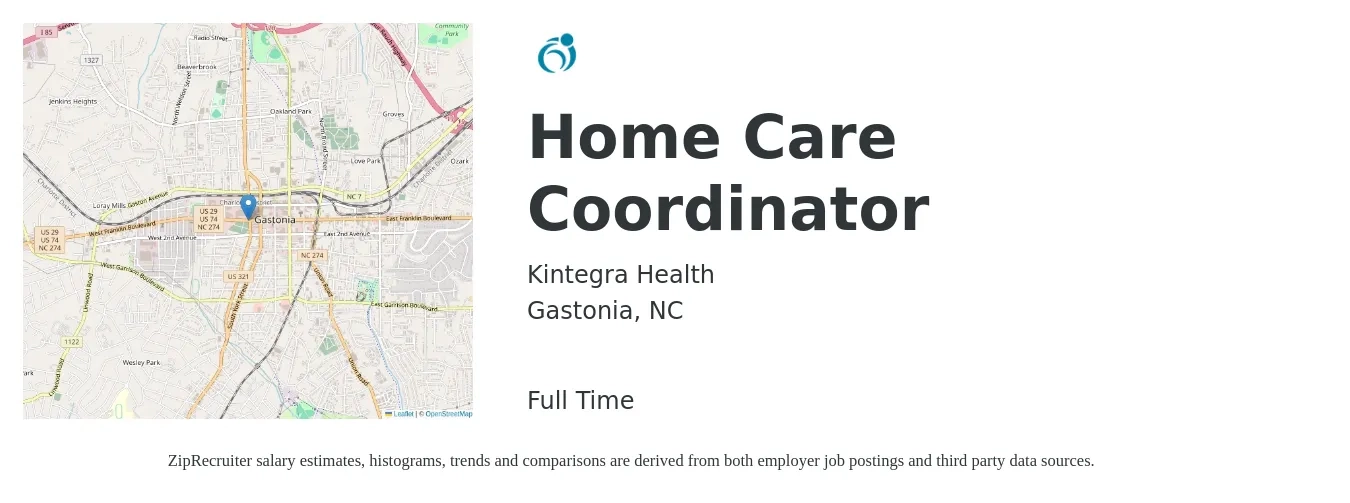 Kintegra Health job posting for a Home Care Coordinator in Gastonia, NC with a salary of $18 to $26 Hourly with a map of Gastonia location.
