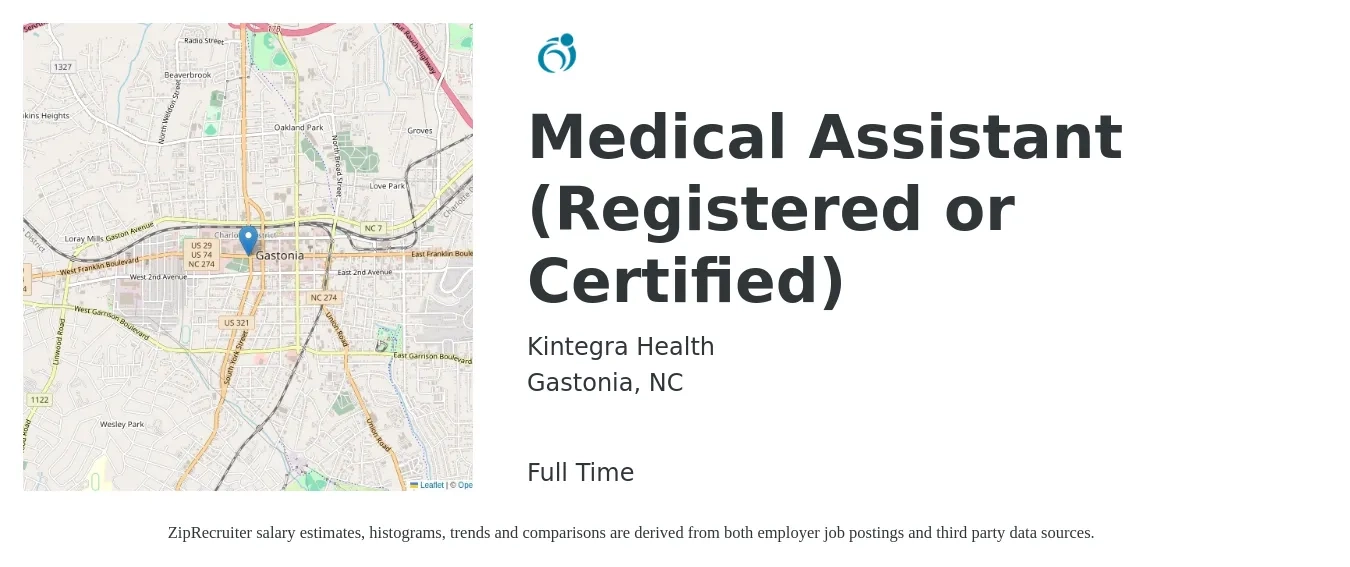 Kintegra Health job posting for a Medical Assistant (Registered or Certified) in Gastonia, NC with a salary of $16 to $20 Hourly with a map of Gastonia location.