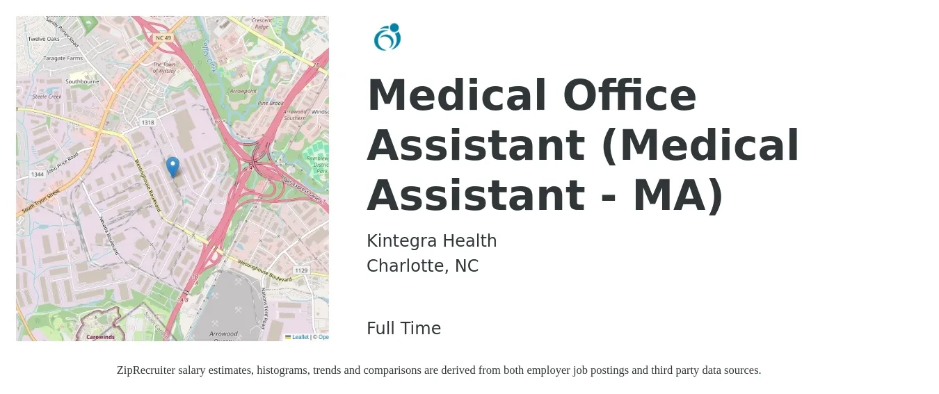Kintegra Health job posting for a Medical Office Assistant (Medical Assistant - MA) in Charlotte, NC with a salary of $16 to $20 Hourly with a map of Charlotte location.
