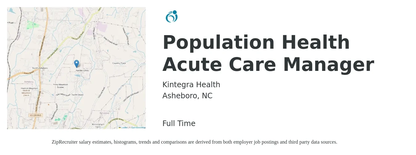 Kintegra Health job posting for a Population Health Acute Care Manager in Asheboro, NC with a salary of $38,000 to $57,900 Yearly with a map of Asheboro location.