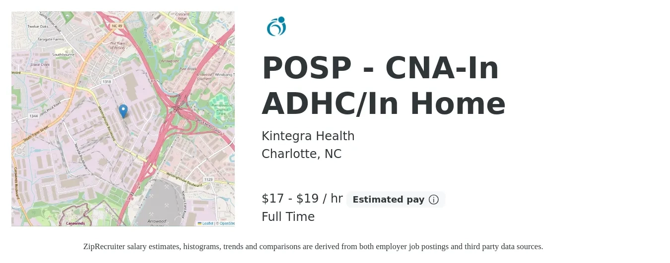Kintegra Health job posting for a POSP - CNA-In ADHC/In Home in Charlotte, NC with a salary of $18 to $20 Hourly with a map of Charlotte location.