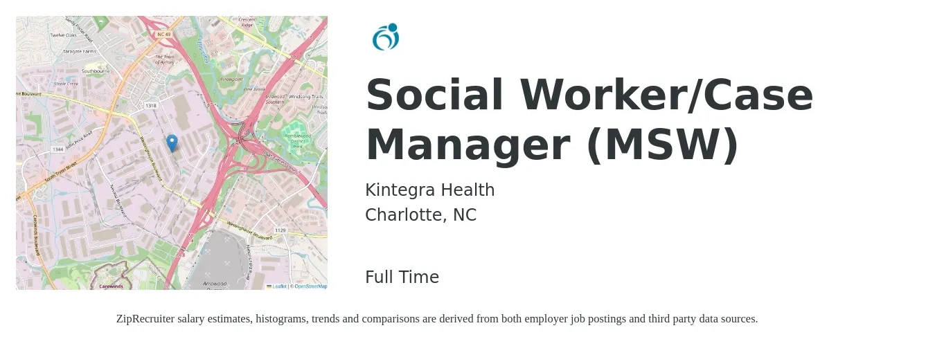 Kintegra Health job posting for a Social Worker/Case Manager (MSW) in Charlotte, NC with a salary of $52,900 to $82,000 Yearly with a map of Charlotte location.