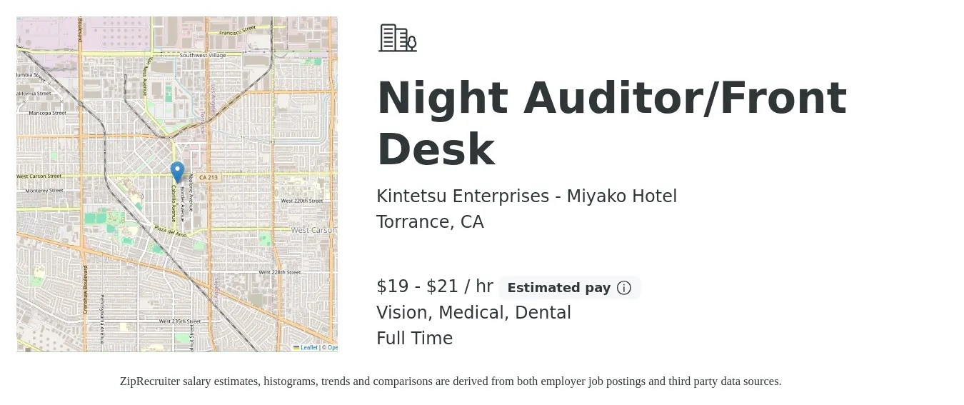 Kintetsu Enterprises - Miyako Hotel job posting for a Night Auditor/Front Desk in Torrance, CA with a salary of $20 to $22 Hourly and benefits including medical, retirement, vision, and dental with a map of Torrance location.