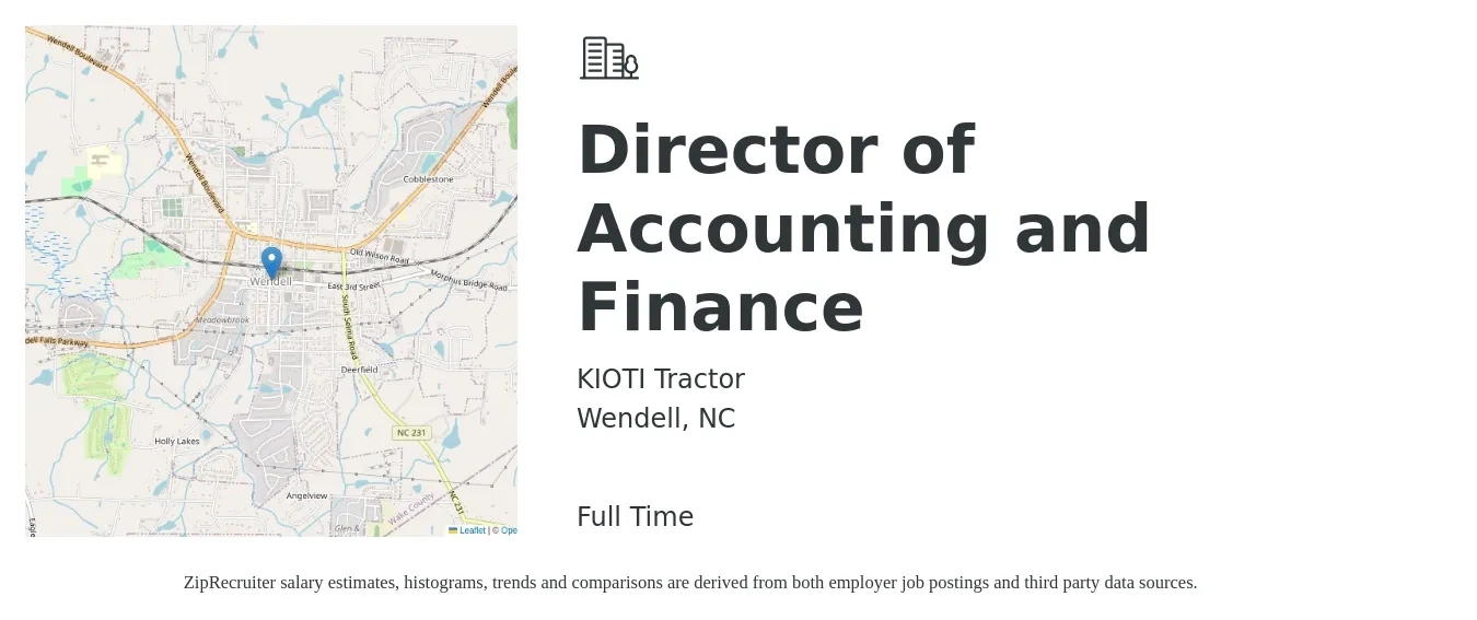 KIOTI Tractor job posting for a Director of Accounting and Finance in Wendell, NC with a salary of $82,600 to $125,800 Yearly with a map of Wendell location.