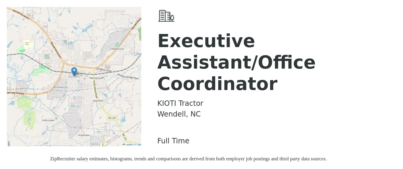 KIOTI Tractor job posting for a Executive Assistant/Office Coordinator in Wendell, NC with a salary of $41,100 to $61,700 Yearly with a map of Wendell location.