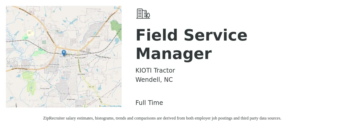 KIOTI Tractor job posting for a Field Service Manager in Wendell, NC with a salary of $47,300 to $67,400 Yearly with a map of Wendell location.