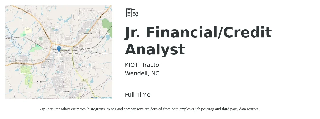 KIOTI Tractor job posting for a Jr. Financial/Credit Analyst in Wendell, NC with a salary of $18 to $26 Hourly with a map of Wendell location.
