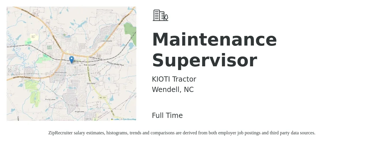 KIOTI Tractor job posting for a Maintenance Supervisor in Wendell, NC with a salary of $20 to $33 Hourly with a map of Wendell location.