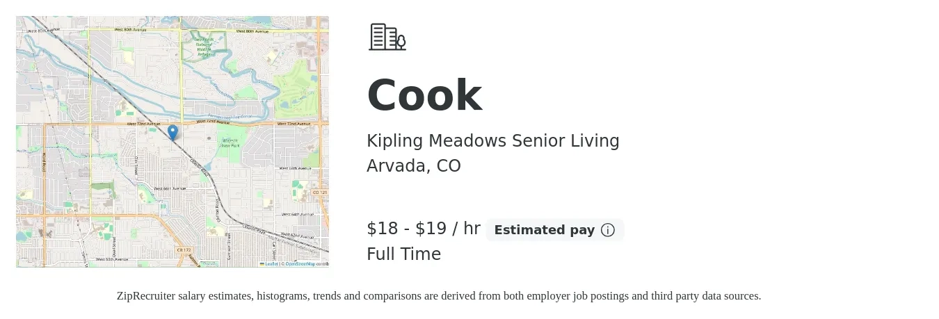 Kipling Meadows Senior Living job posting for a Cook in Arvada, CO with a salary of $18 to $20 Yearly with a map of Arvada location.