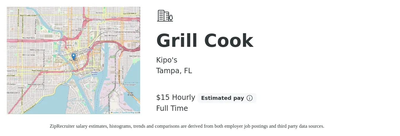 Kipo's job posting for a Grill Cook in Tampa, FL with a salary of $16 Hourly with a map of Tampa location.