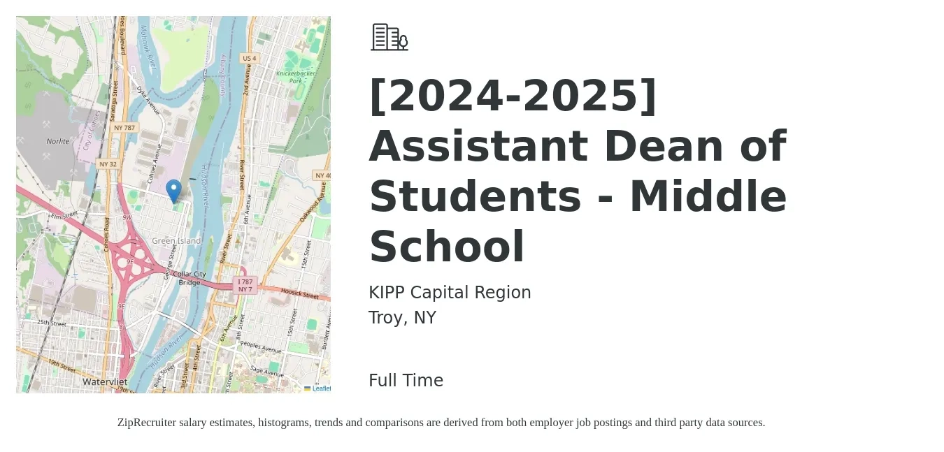 KIPP Capital Region job posting for a [2024-2025] Assistant Dean of Students - Middle School in Troy, NY with a salary of $42,700 to $81,500 Yearly with a map of Troy location.