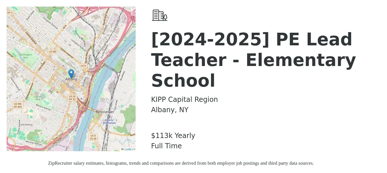KIPP Capital Region job posting for a [2024-2025] PE Lead Teacher - Elementary School in Albany, NY with a salary of $113,927 Yearly with a map of Albany location.