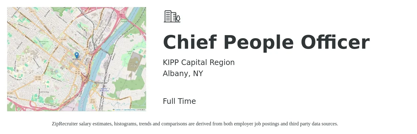 KIPP Capital Region job posting for a Chief People Officer in Albany, NY with a salary of $105,300 to $213,500 Yearly with a map of Albany location.