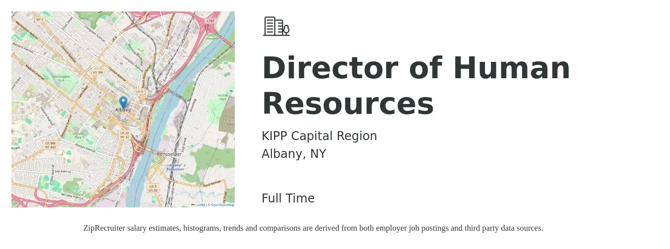 KIPP Capital Region job posting for a Director of Human Resources in Albany, NY with a salary of $87,900 to $135,600 Yearly with a map of Albany location.