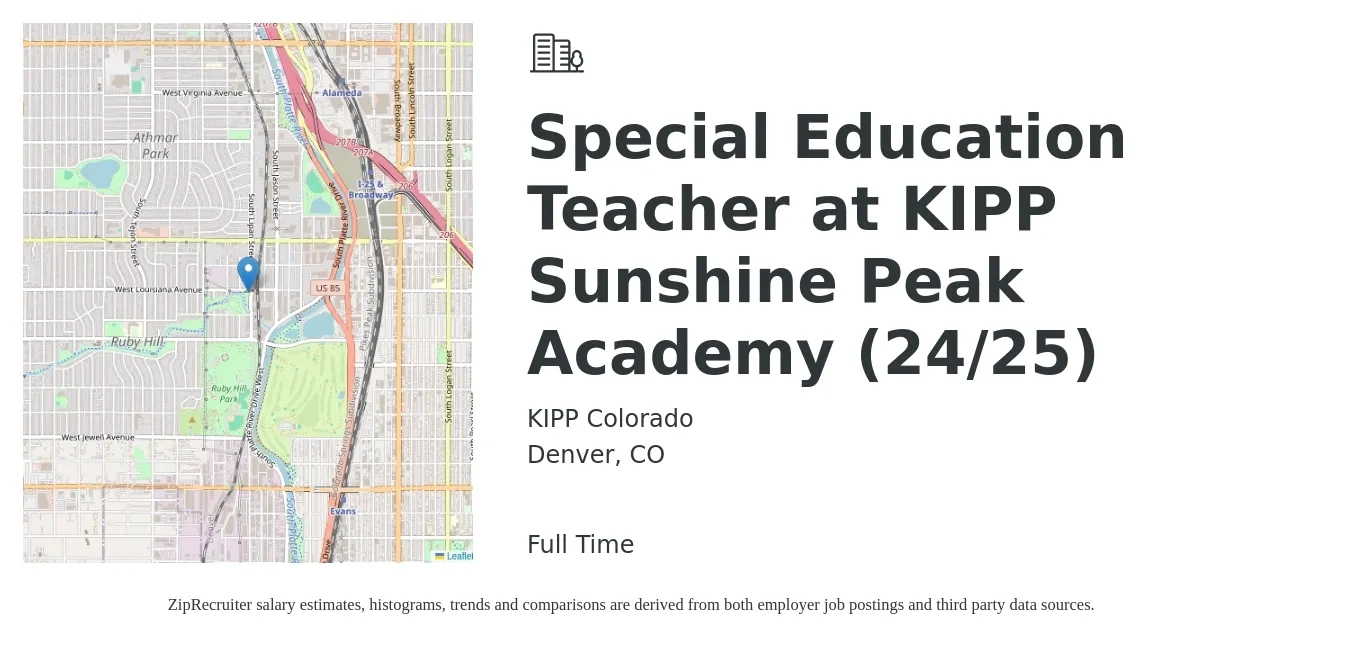 KIPP Colorado job posting for a Special Education Teacher at KIPP Sunshine Peak Academy (24/25) in Denver, CO with a salary of $65,015 Yearly with a map of Denver location.