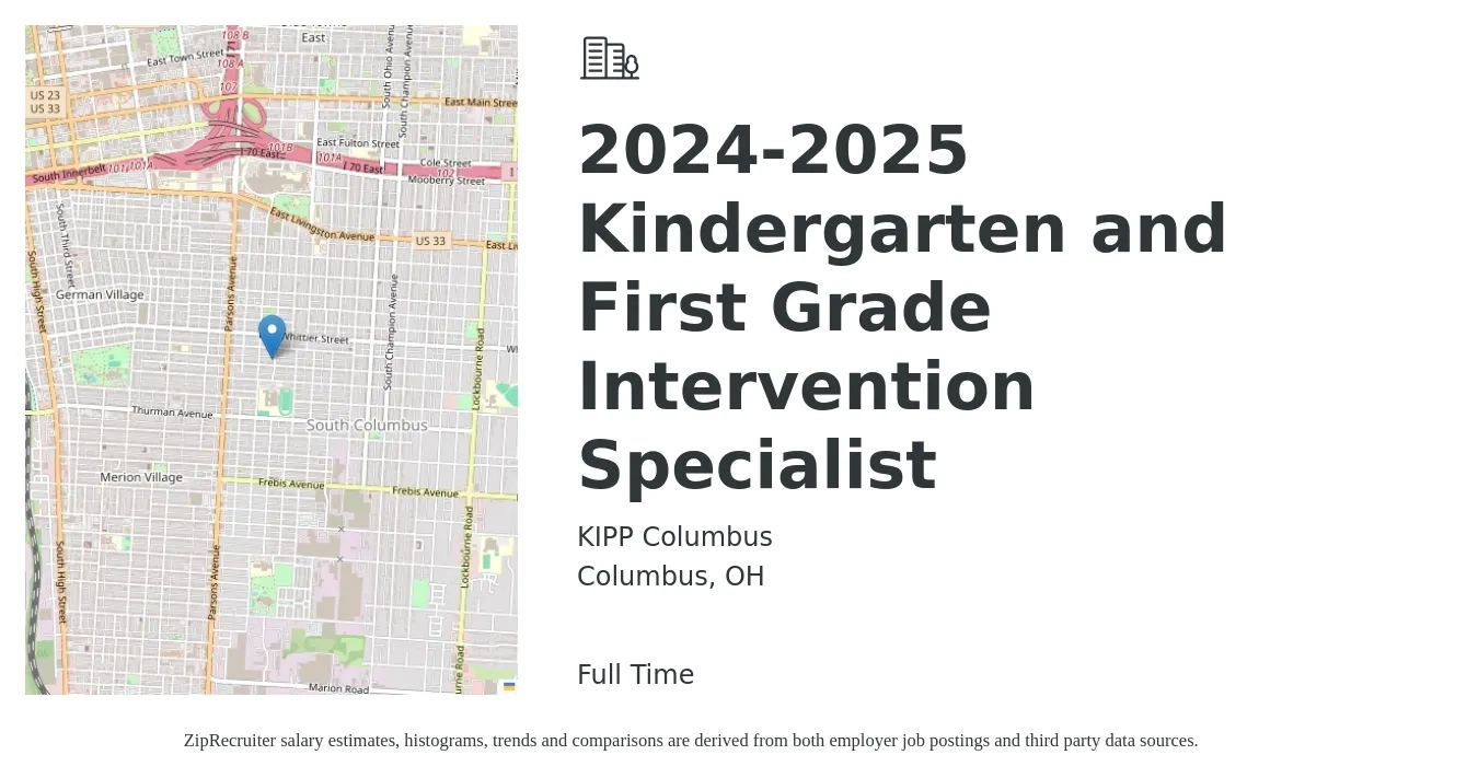KIPP Columbus job posting for a 2024-2025 Kindergarten and First Grade Intervention Specialist in Columbus, OH with a salary of $46,400 to $64,200 Yearly with a map of Columbus location.