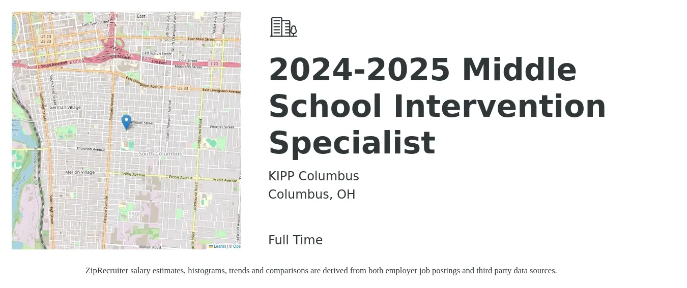 KIPP Columbus job posting for a 2024-2025 Middle School Intervention Specialist in Columbus, OH with a salary of $46,400 to $64,200 Yearly with a map of Columbus location.