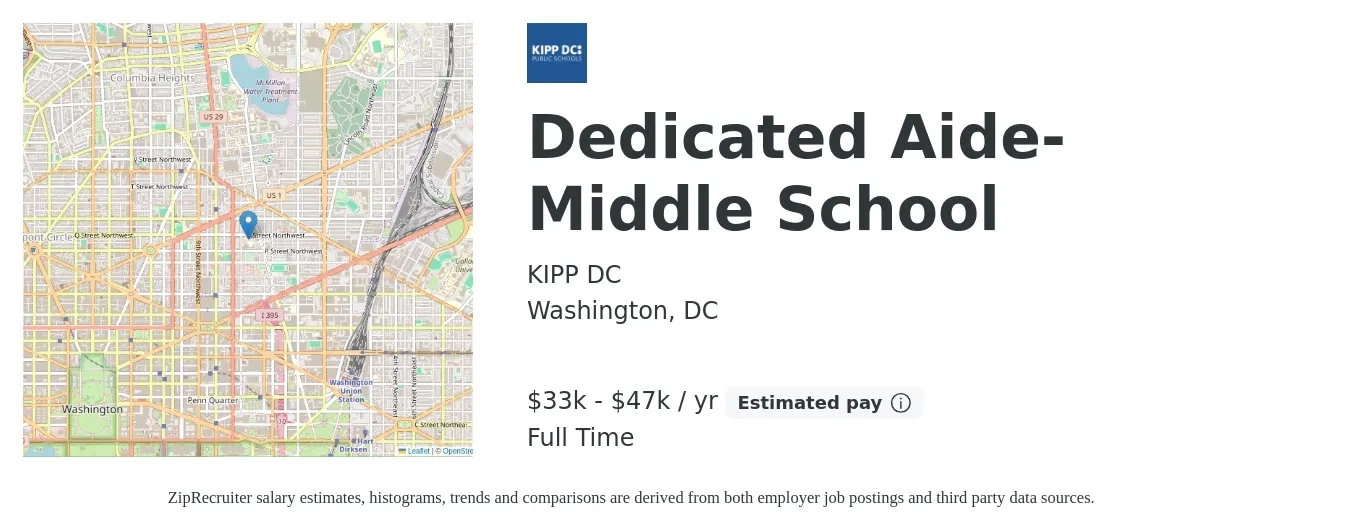 KIPP DC job posting for a Dedicated Aide- Middle School in Washington, DC with a salary of $33,488 to $47,971 Yearly with a map of Washington location.