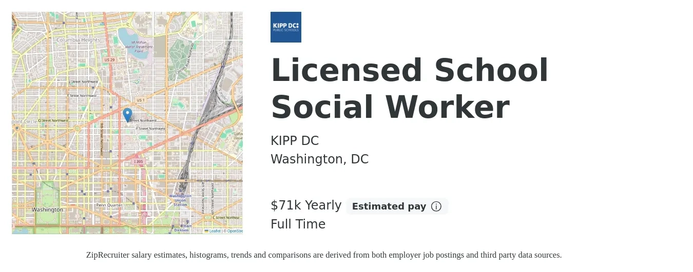 KIPP DC job posting for a Licensed School Social Worker in Washington, DC with a salary of $71,475 Yearly with a map of Washington location.