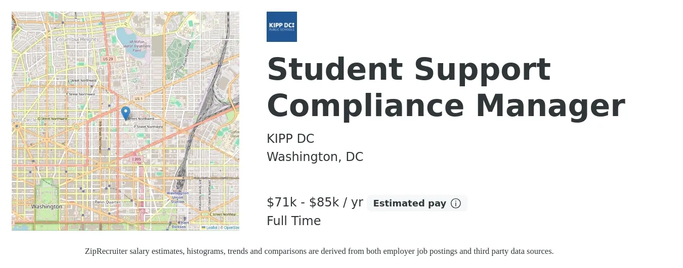 KIPP DC job posting for a Student Support Compliance Manager in Washington, DC with a salary of $71,613 to $85,256 Yearly with a map of Washington location.