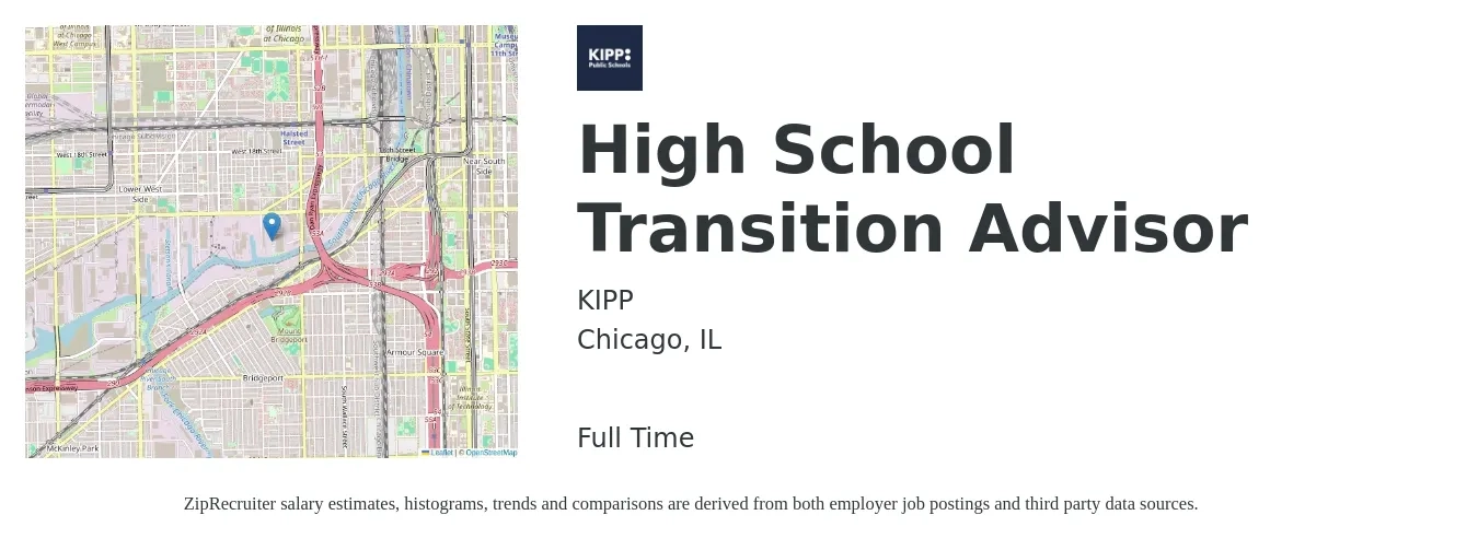 KIPP job posting for a High School Transition Advisor in Chicago, IL with a salary of $48,400 to $136,500 Yearly with a map of Chicago location.