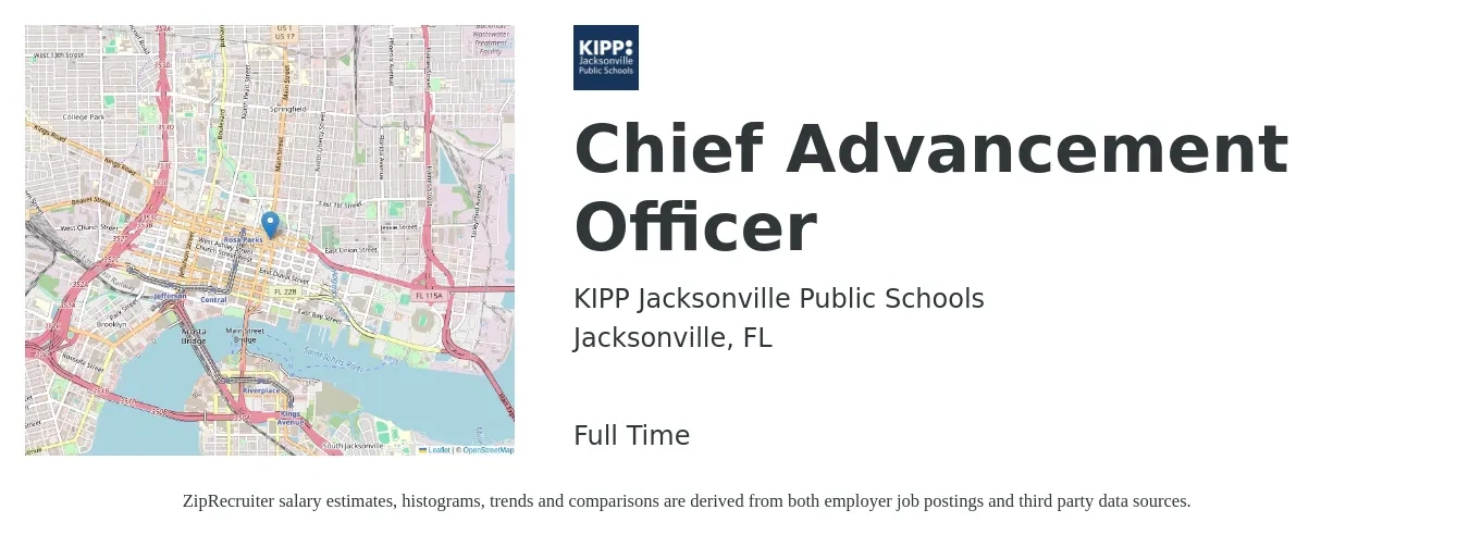KIPP Jacksonville Public Schools job posting for a Chief Advancement Officer in Jacksonville, FL with a salary of $103,300 to $171,400 Yearly with a map of Jacksonville location.