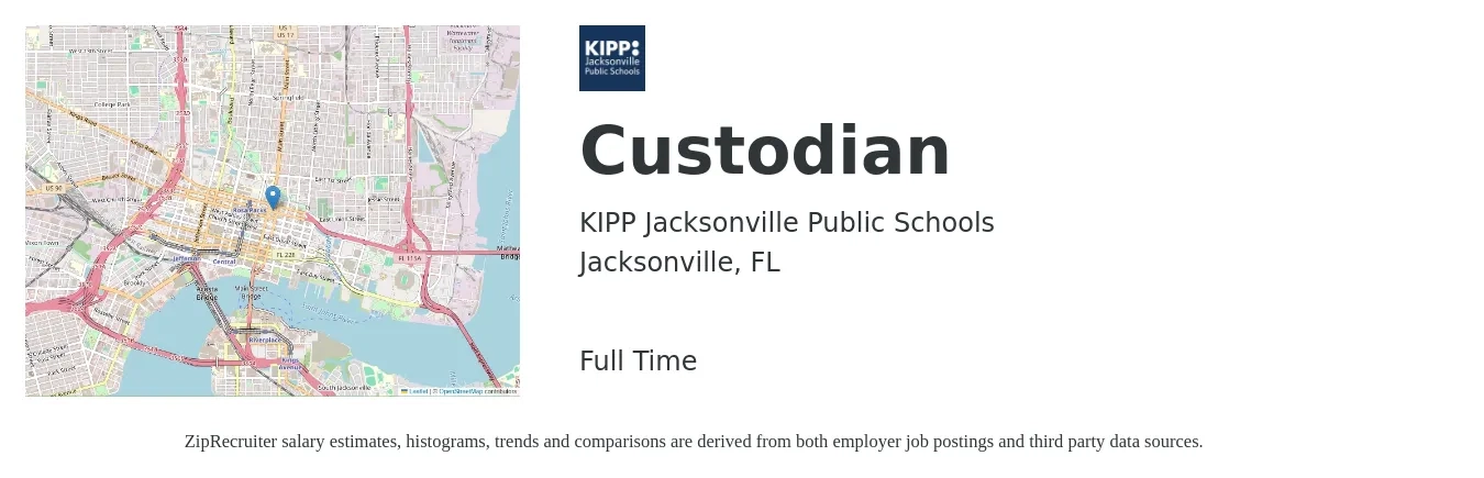 KIPP Jacksonville Public Schools job posting for a Custodian in Jacksonville, FL with a salary of $12 Hourly with a map of Jacksonville location.