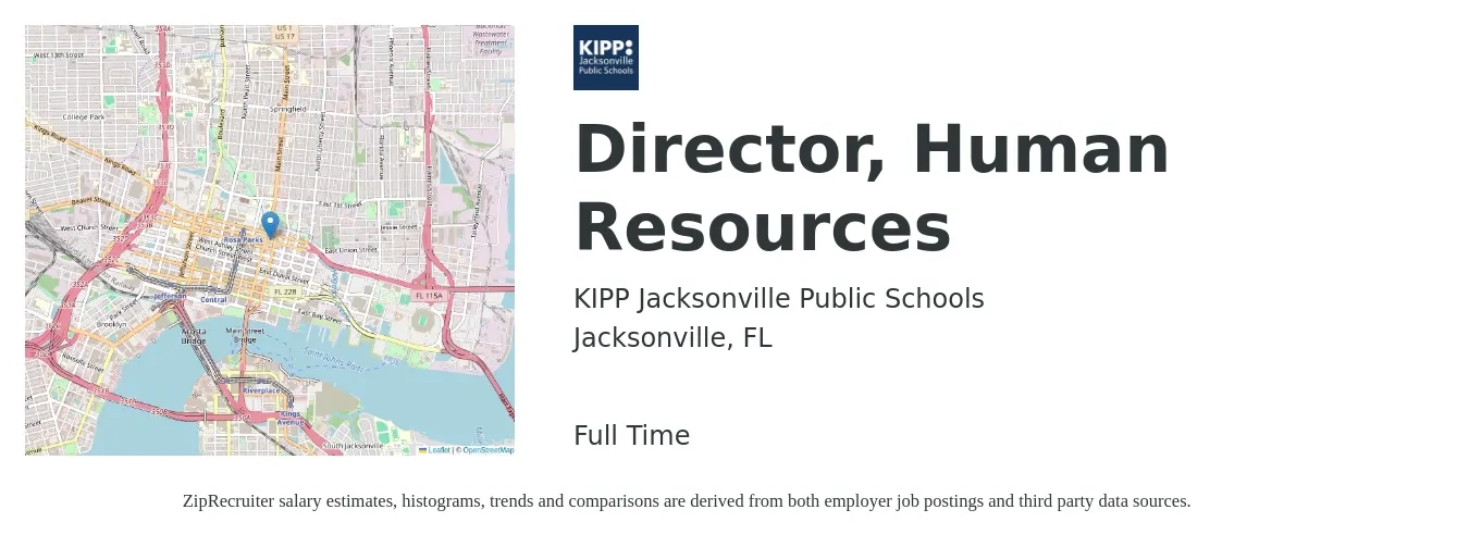 KIPP Jacksonville Public Schools job posting for a Director, Human Resources in Jacksonville, FL with a salary of $82,000 to $126,500 Yearly with a map of Jacksonville location.