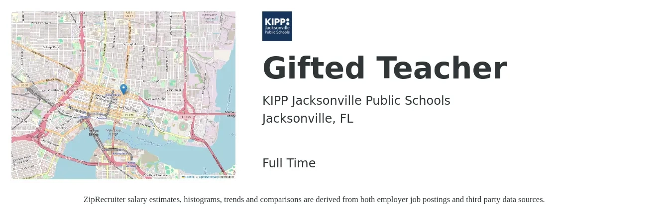 KIPP Jacksonville Public Schools job posting for a Gifted Teacher in Jacksonville, FL with a salary of $46,300 to $59,300 Yearly with a map of Jacksonville location.