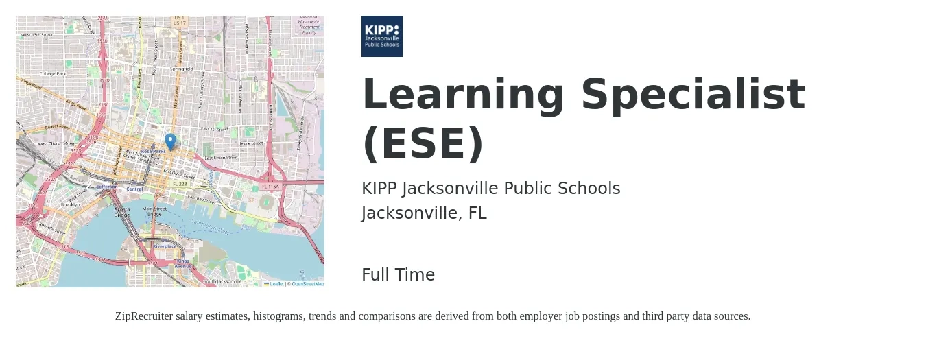 KIPP Jacksonville Public Schools job posting for a Learning Specialist (ESE) in Jacksonville, FL with a salary of $50,000 Yearly with a map of Jacksonville location.