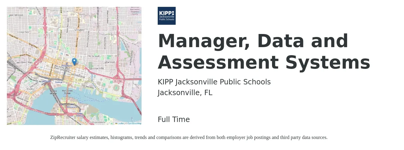 KIPP Jacksonville Public Schools job posting for a Manager, Data and Assessment Systems in Jacksonville, FL with a salary of $66,200 to $126,000 Yearly with a map of Jacksonville location.