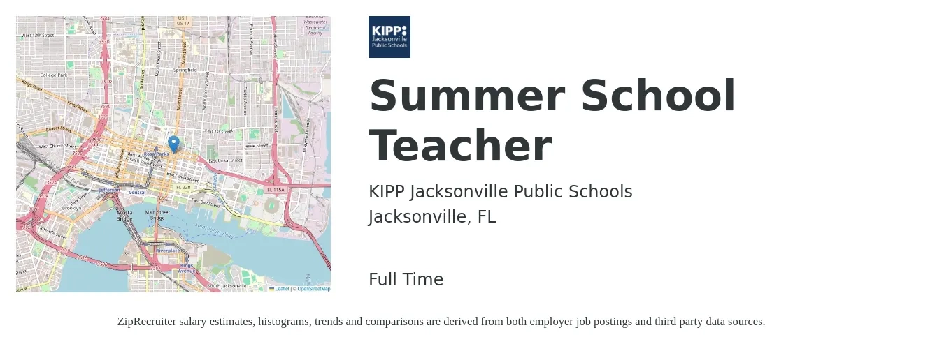 KIPP Jacksonville Public Schools job posting for a Summer School Teacher in Jacksonville, FL with a salary of $24 Hourly with a map of Jacksonville location.