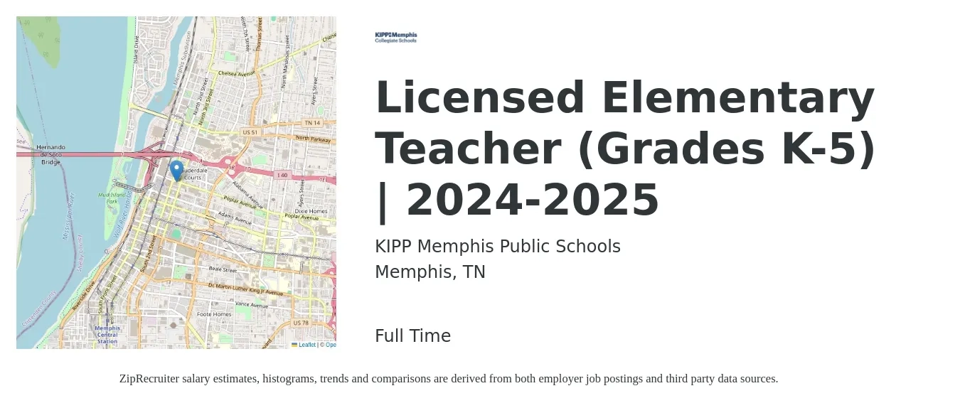 KIPP Memphis Public Schools job posting for a Licensed Elementary Teacher (Grades K-5) | 2024-2025 in Memphis, TN with a salary of $43,200 to $58,300 Yearly with a map of Memphis location.