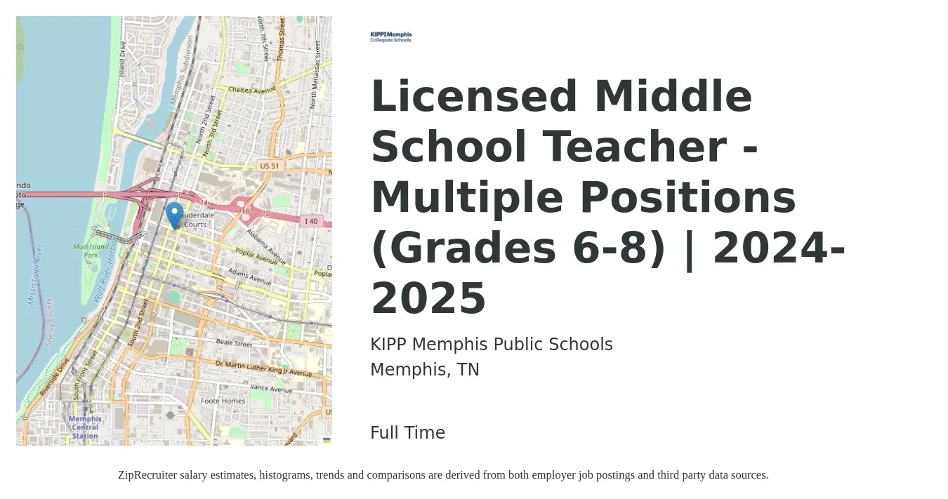 KIPP Memphis Public Schools job posting for a Licensed Middle School Teacher - Multiple Positions (Grades 6-8) | 2024-2025 in Memphis, TN with a salary of $44,700 to $58,800 Yearly with a map of Memphis location.