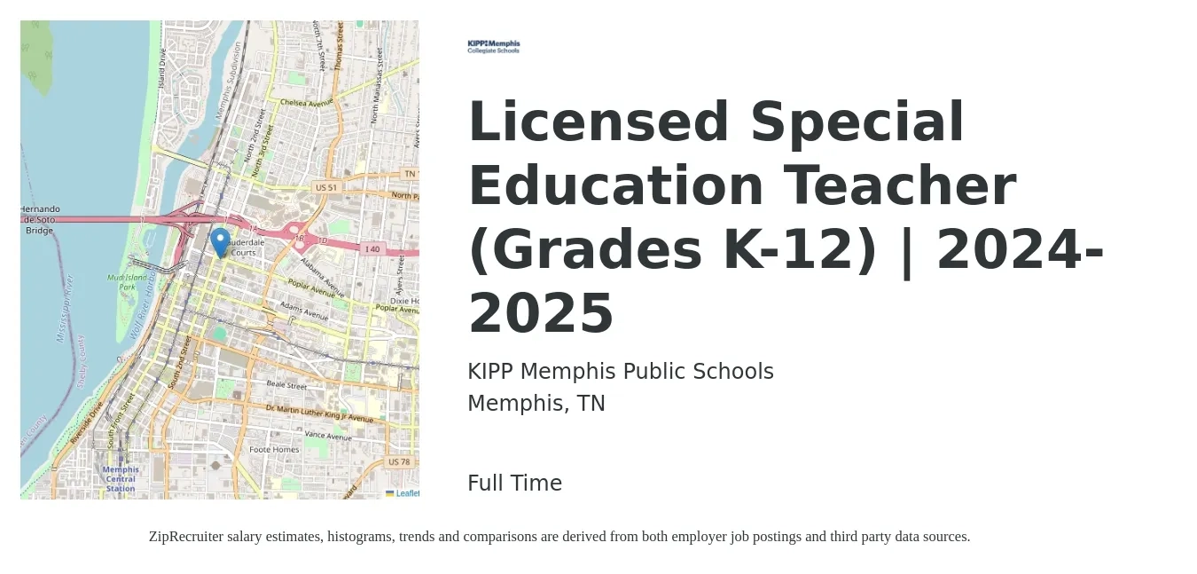 KIPP Memphis Public Schools job posting for a Licensed Special Education Teacher (Grades K-12) | 2024-2025 in Memphis, TN with a salary of $48,600 to $64,100 Yearly with a map of Memphis location.