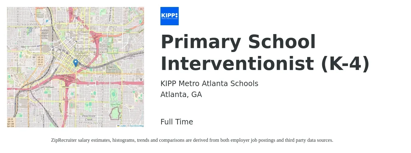 KIPP Metro Atlanta Schools job posting for a Primary School Interventionist (K-4) in Atlanta, GA with a salary of $45,200 to $57,700 Yearly with a map of Atlanta location.