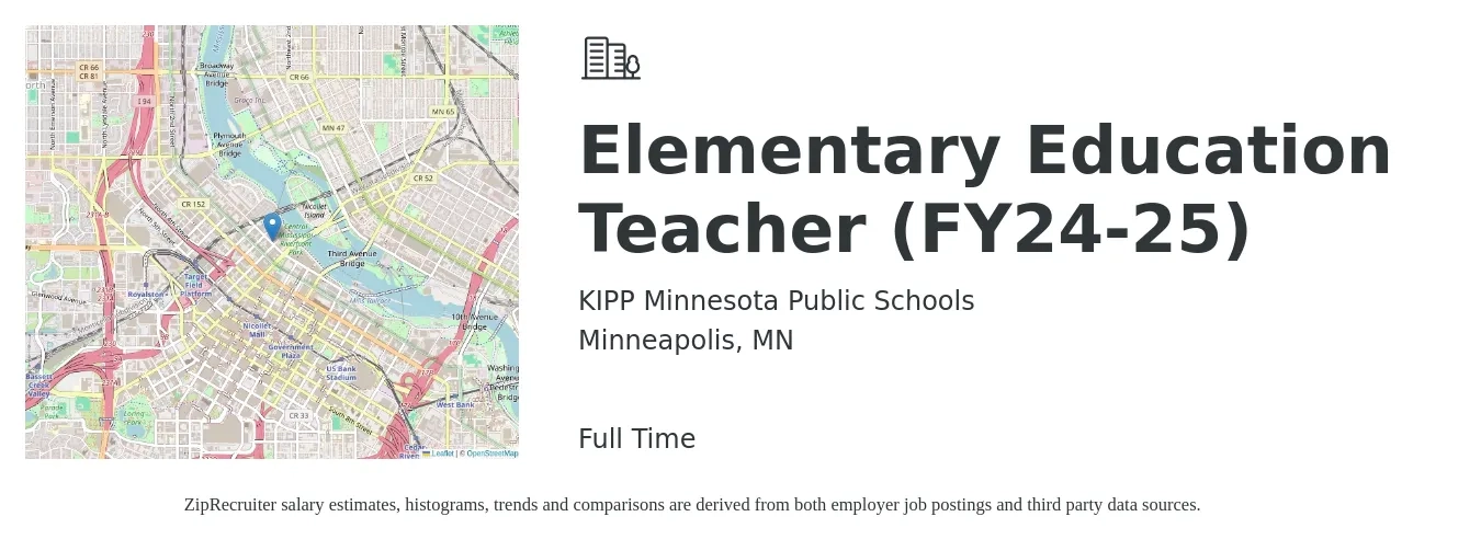 KIPP Minnesota Public Schools job posting for a Elementary Education Teacher (FY24-25) in Minneapolis, MN with a salary of $44,880 Yearly with a map of Minneapolis location.