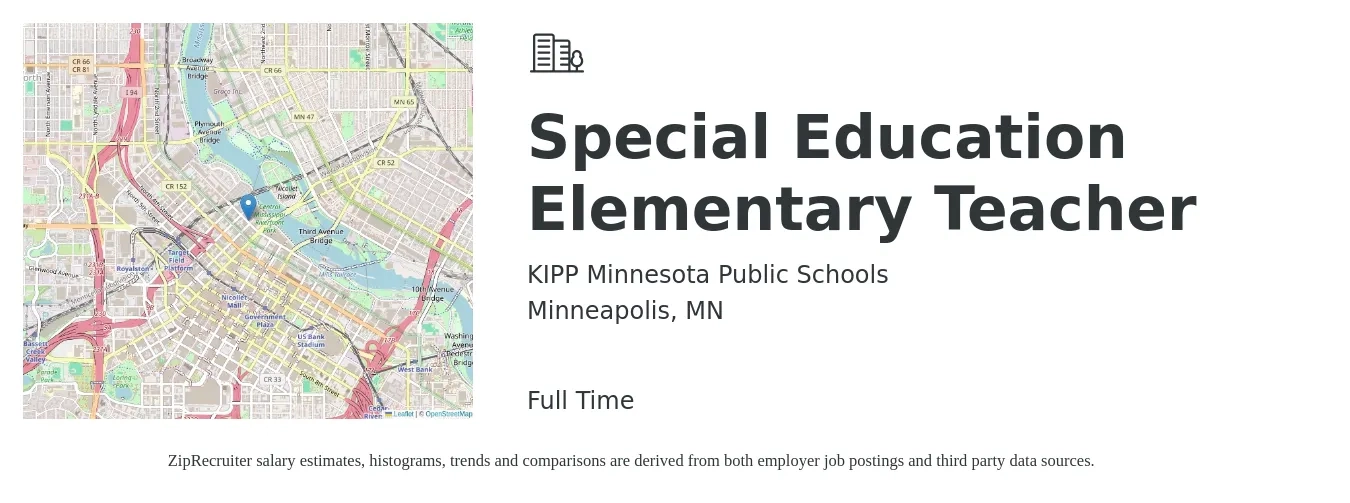 KIPP Minnesota Public Schools job posting for a Special Education Elementary Teacher in Minneapolis, MN with a salary of $46,400 to $63,100 Yearly with a map of Minneapolis location.