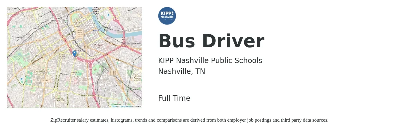 KIPP Nashville Public Schools job posting for a Bus Driver in Nashville, TN with a salary of $16 to $22 Hourly with a map of Nashville location.